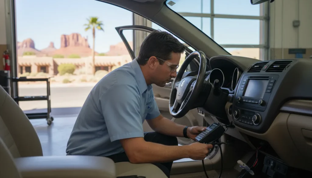 Technician installing an ignition interlock device in a service bay