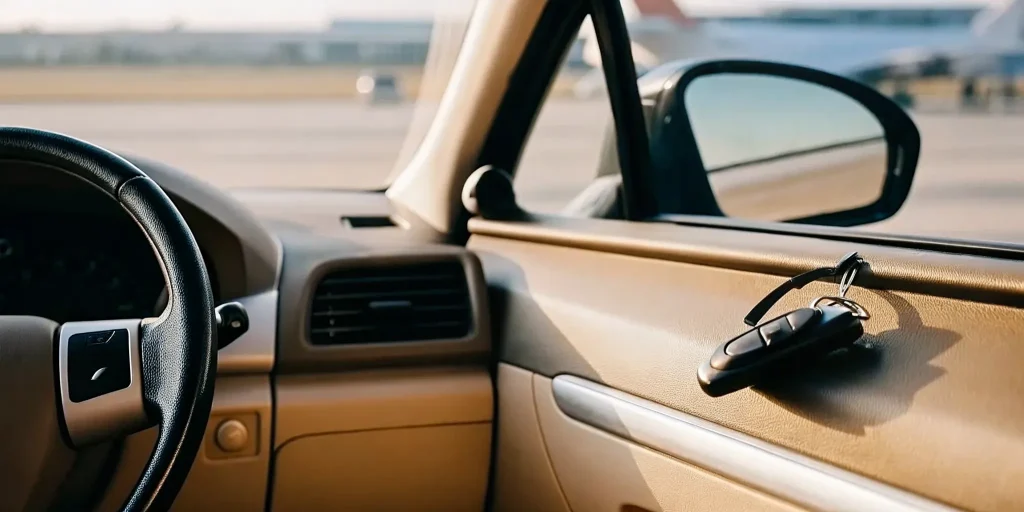 A rental car parked at an airport lot with a visible ignition interlock device on the dashboard