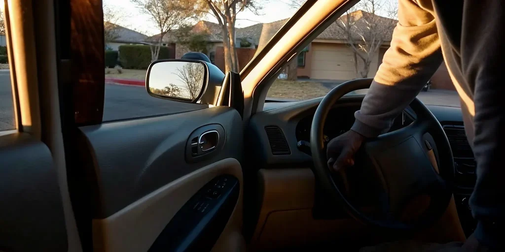 Arizona driver entering a car with an ignition interlock device on the dashboard, heading to work on a sunny morning