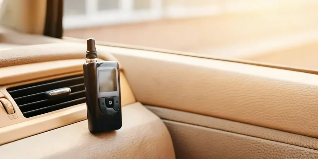 Sleek ignition interlock device installed on a car dashboard under warm light