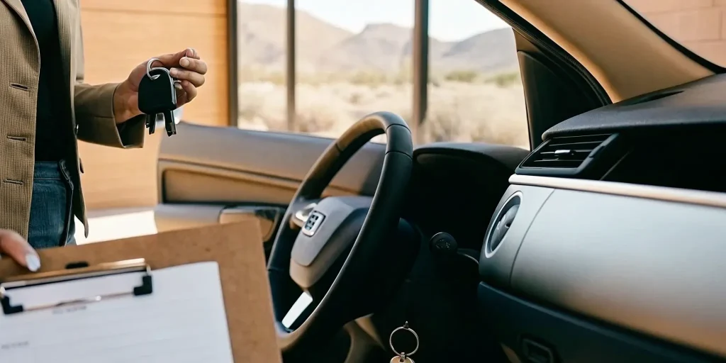 Arizona driver reviewing ignition interlock device cost comparison documents at a professional auto service center