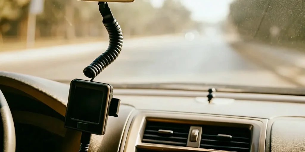 Close-up of an ignition interlock device on a car dashboard with a driver's hand holding the breath tube