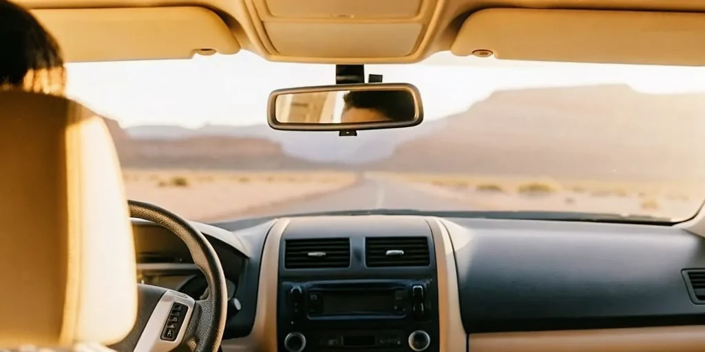 Driver sitting in car with ignition interlock device, Arizona desert landscape visible through windshield