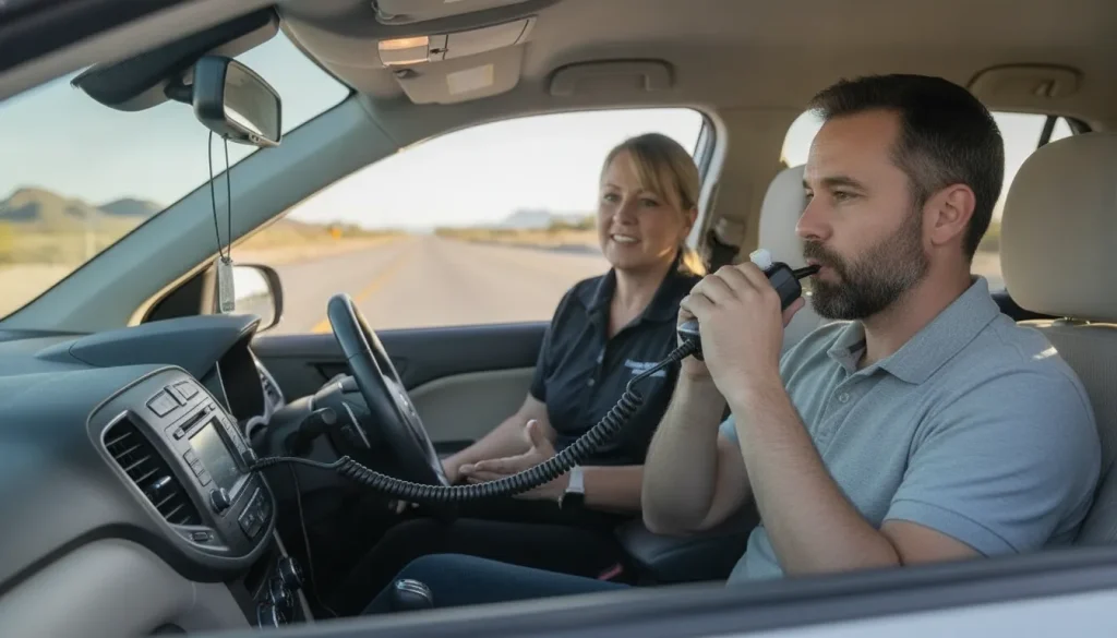 Arizona driver preparing to provide a breath sample on an ignition interlock device in a vehicle