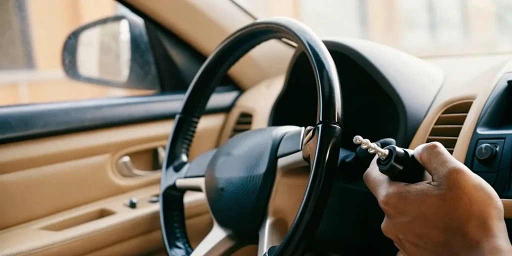 Certified interlock device in a car near the steering column during installation