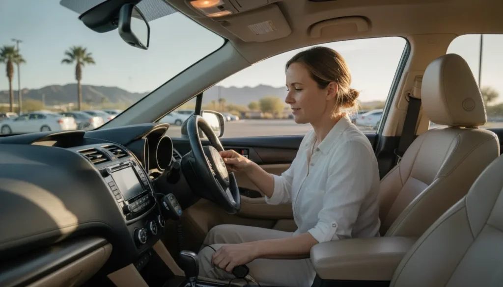 A calm Arizona driver getting into their car after ignition interlock installation
