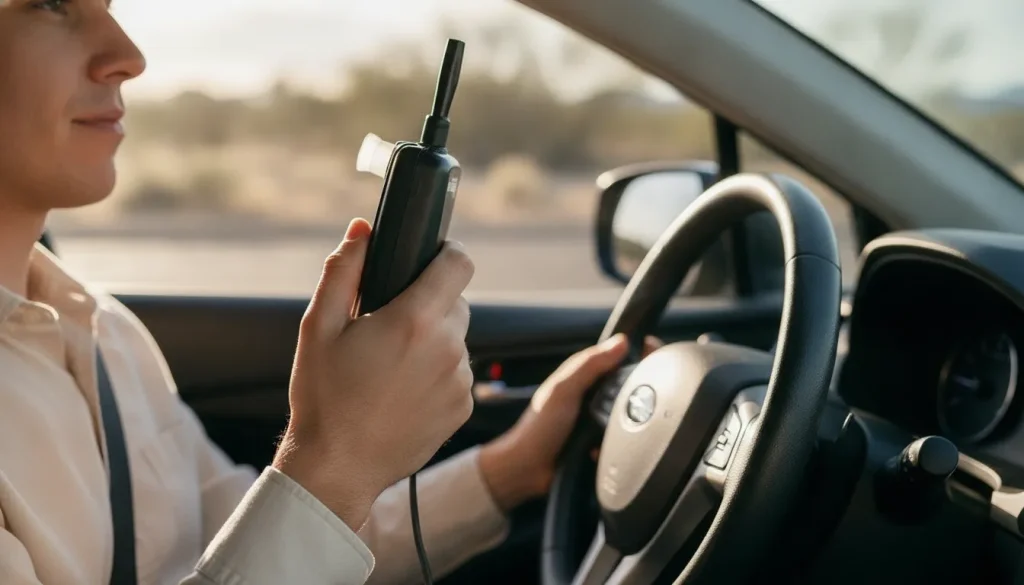 Driver holding a small hand-held breath-test device up to their mouth beside the steering wheel inside a car
