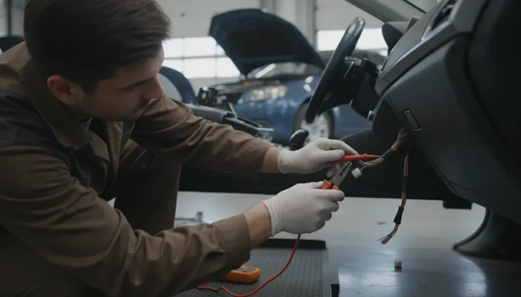 A professional auto technician inspecting ignition wiring under the steering column of a modern car in a well-lit service garage