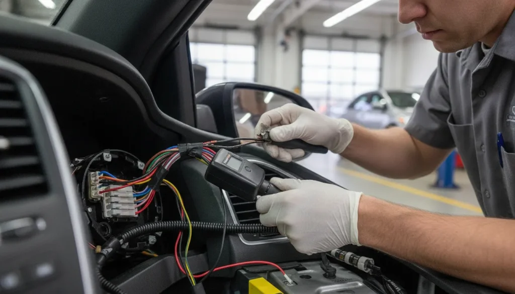 Certified installer wiring an ignition interlock device in an Arizona service bay