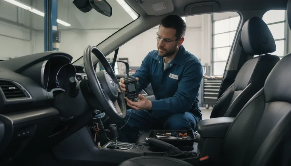 Professional technician installing an ignition interlock device onto a car steering column in an automotive service bay