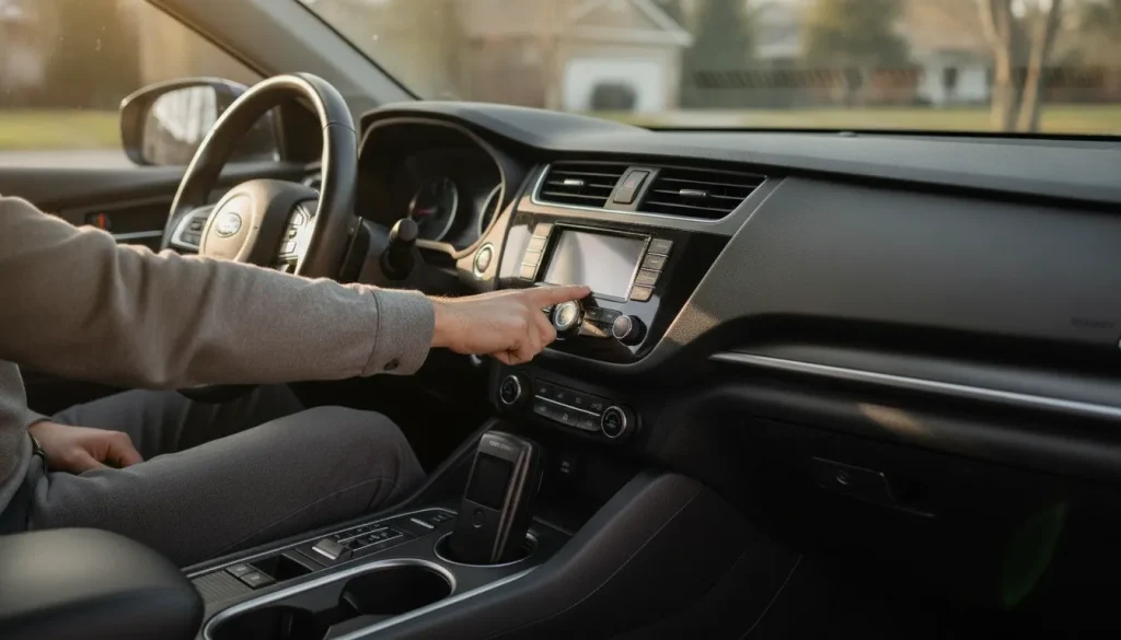 Driver in a modern car reaching toward a push-button start with an ignition interlock handheld device nearby