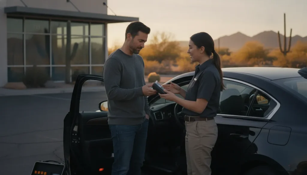 Arizona driver discussing a DUI felony question with an ignition interlock technician