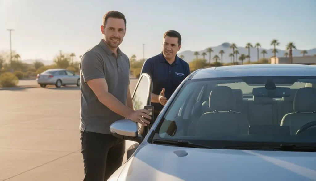 Driver discussing ignition interlock installation with a technician