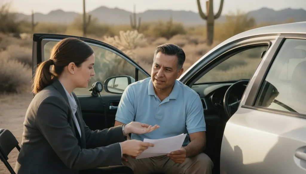 Driver reviewing car insurance premiums with an ignition interlock device