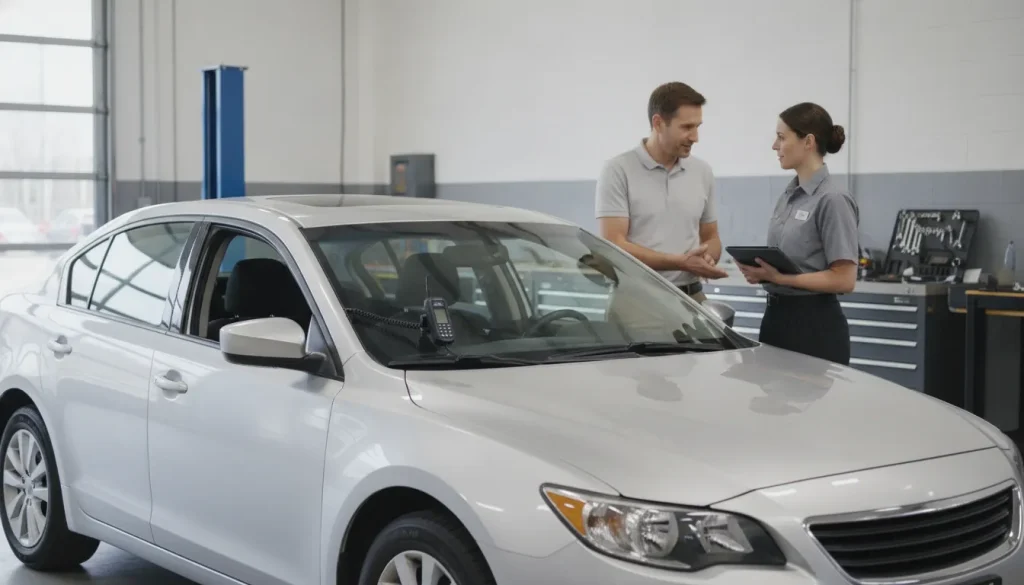 Arizona seller discussing ignition interlock car resale value with a technician beside a clean used car