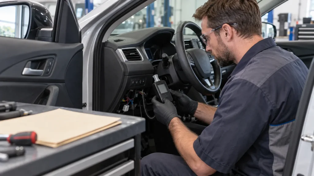 Automotive technician inspecting an ignition interlock installation and wiring in a vehicle