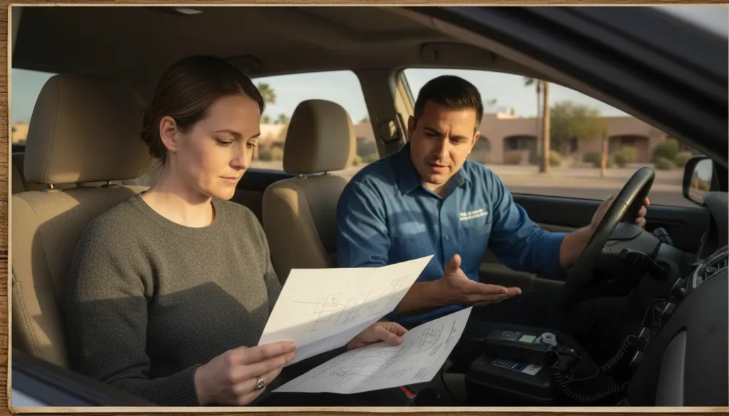 Driver reviewing auto insurance coverage and an ignition interlock device service estimate