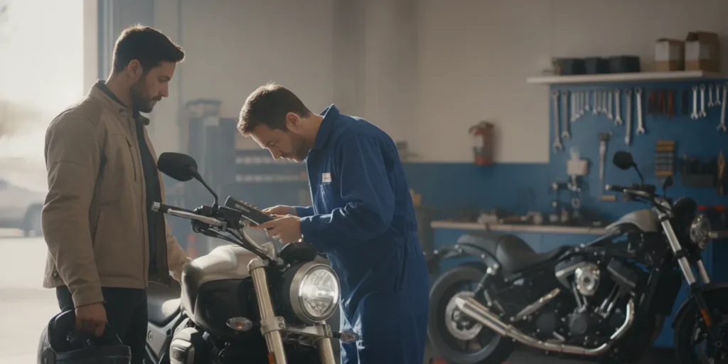 Motorcycle parked beside a service bay as an ignition interlock technician reviews installation questions with its owner
