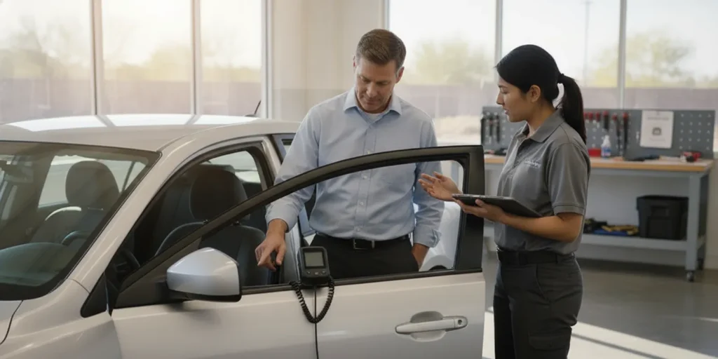 Driver speaking with an ignition interlock service technician beside a vehicle at a service center