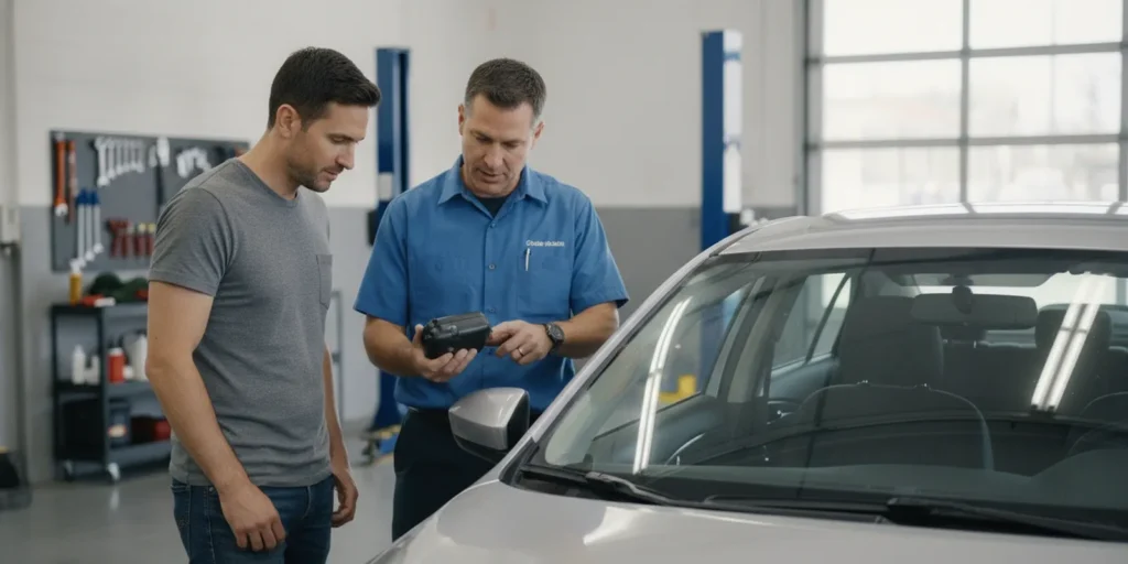 Technician checking an ignition interlock device inside a parked car in California