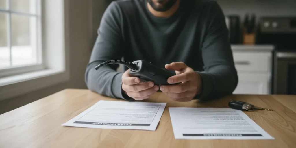 Driver reviewing ignition interlock device records and an Arizona motor vehicle notice at a desk
