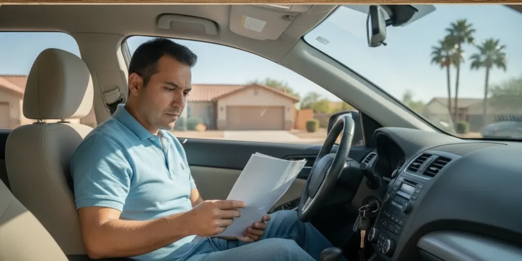 Driver reviewing ignition interlock paperwork beside a parked car in Arizona