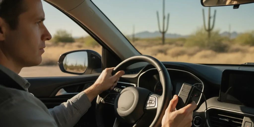 Driver holding an ignition interlock handset inside a parked car