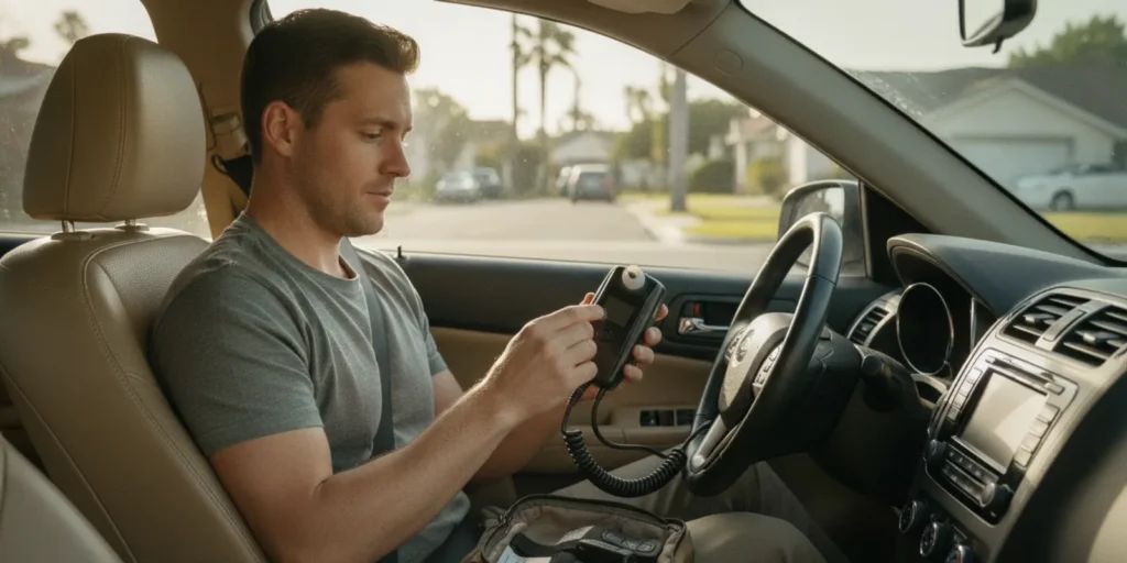 Driver reviewing an ignition interlock device inside a parked car in California