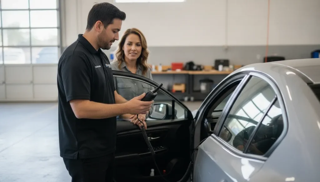 Authorized technician helping an Arizona driver with ignition interlock breath-sample technique