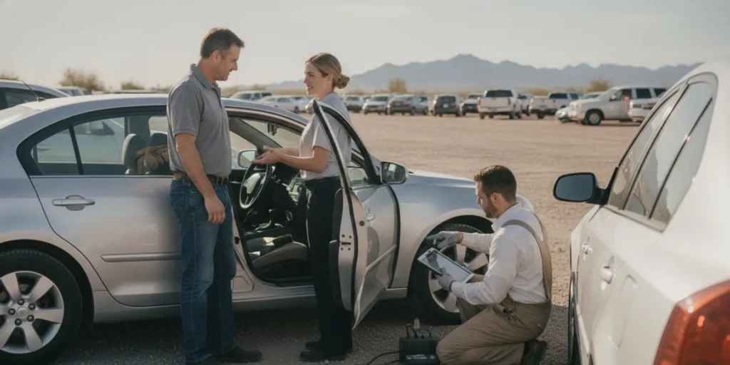 Impounded vehicle in a secured lot as a driver and technician discuss access for an ignition interlock installation