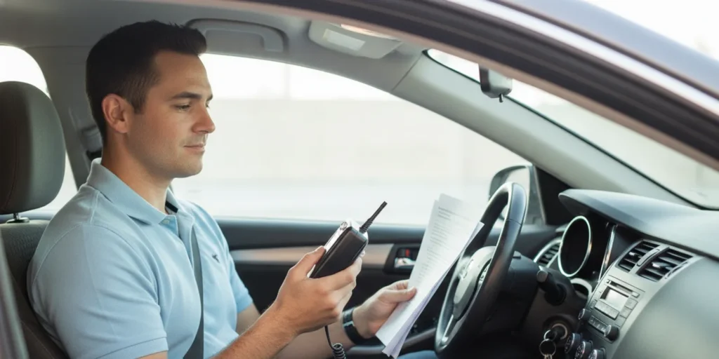 Driver reviewing ignition interlock information beside a parked vehicle